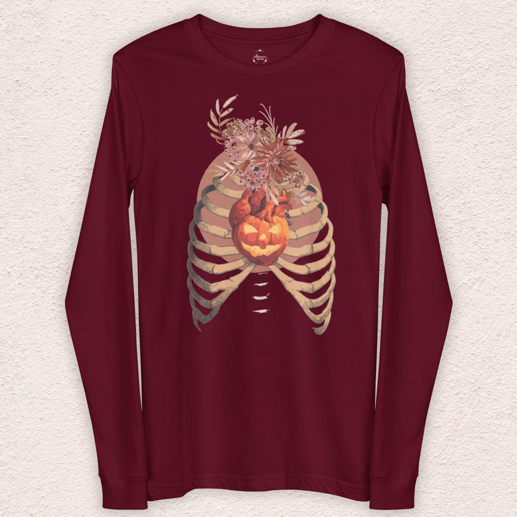 A Fall’s Heart Tee | Skeleton Pumpkin Halloween Shirt | Bella+Canvas Spooky Autumn Graphic Long Sleeve Tee