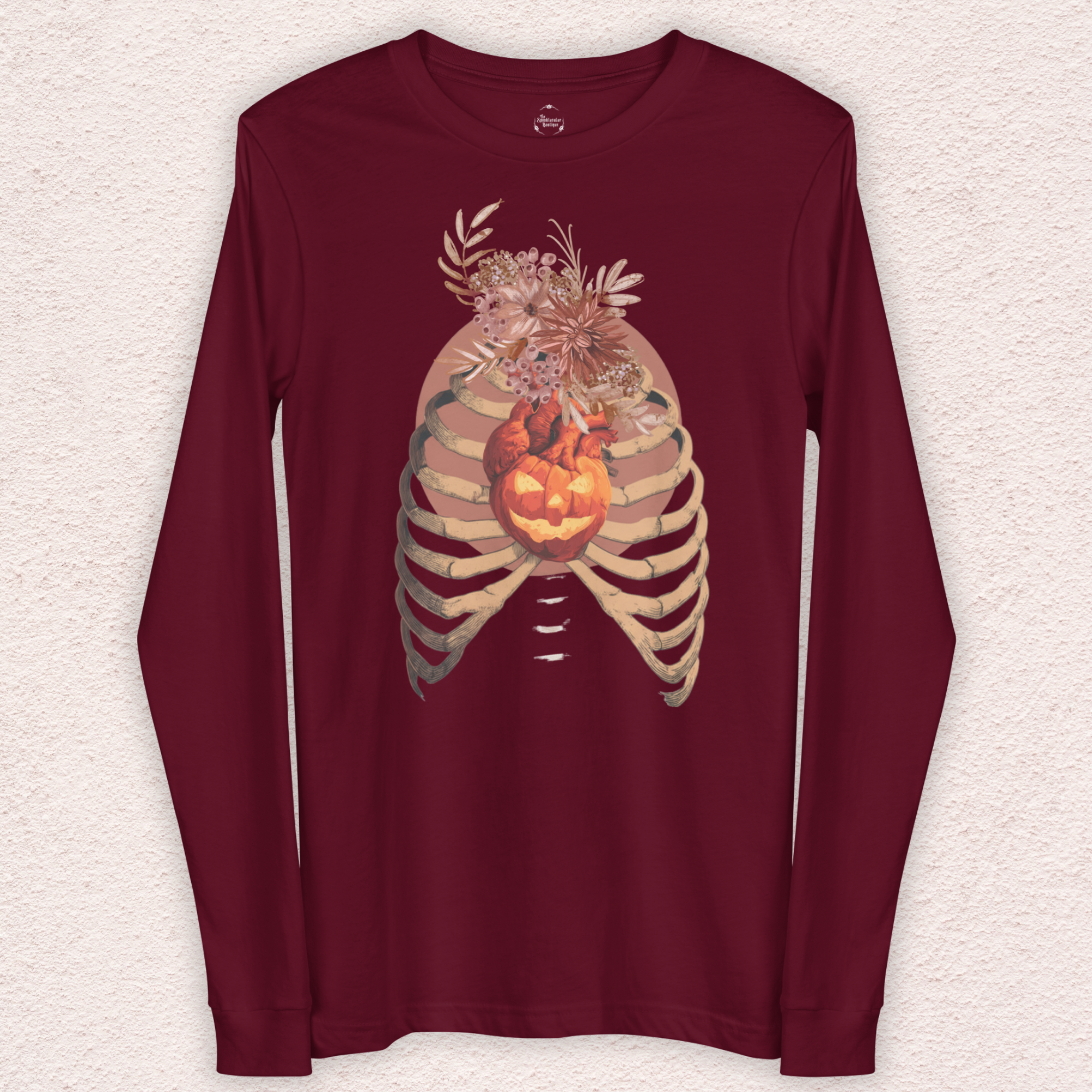 A Fall’s Heart Tee | Skeleton Pumpkin Halloween Shirt | Bella+Canvas Spooky Autumn Graphic Long Sleeve Tee