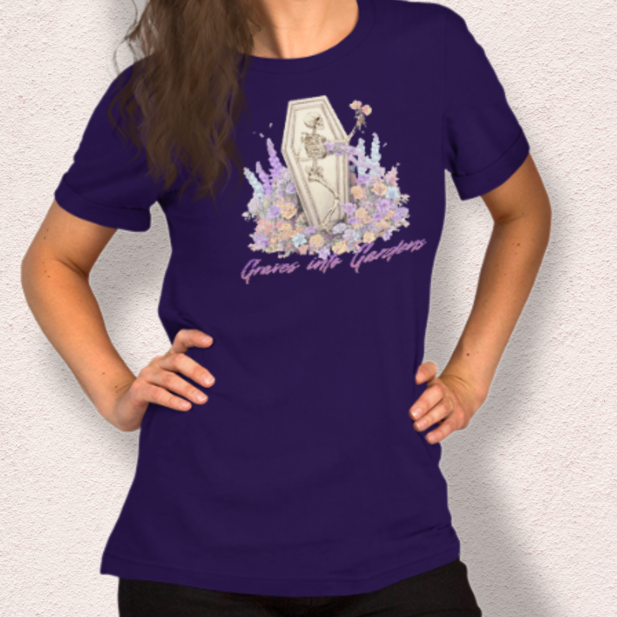 Graves Into Gardens Skeleton Easter Tee | Gothic Faith Spring Shirt | Pastel Floral Resurrection Graphic | Spooky Christian Bella Canvas T-Shirt