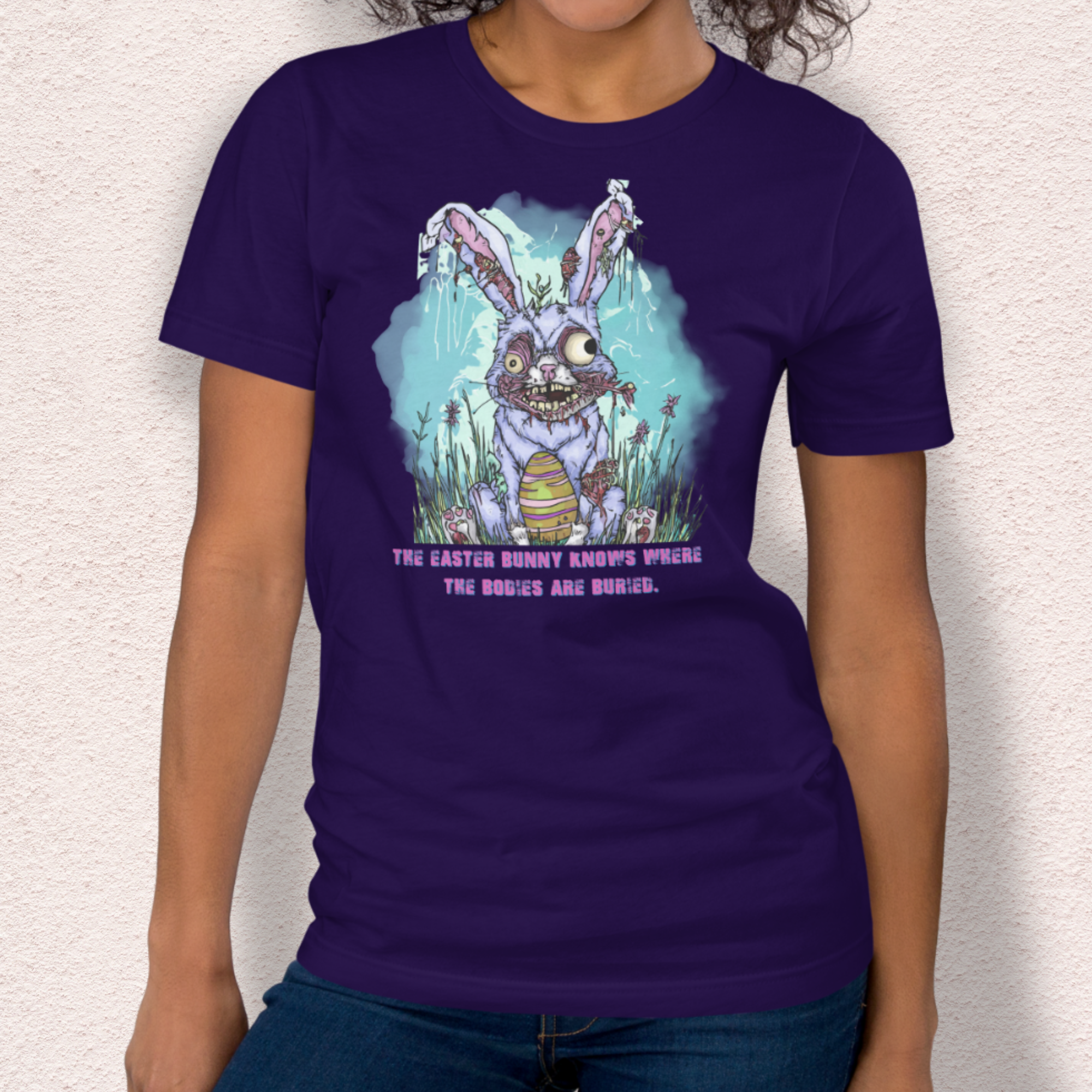 The Easter Bunny Knows Where the Bodies Are Buried T-Shirt | Zombie Easter Bunny Horror Tee | Funny Dark Humor Easter Shirt | Bella+Canvas Unisex