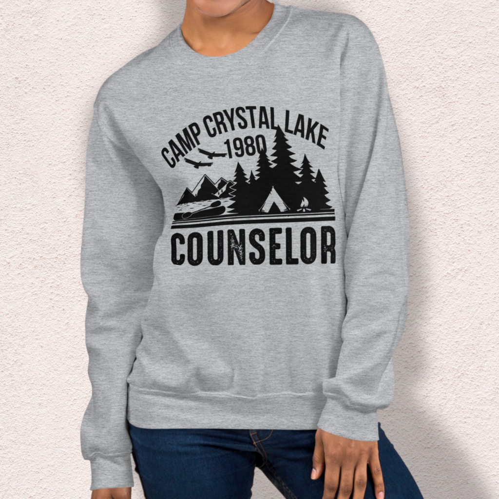 Camp Slasher Counselor Sweatshirt | Gildan Unisex Horror Crewneck (Black Ink)