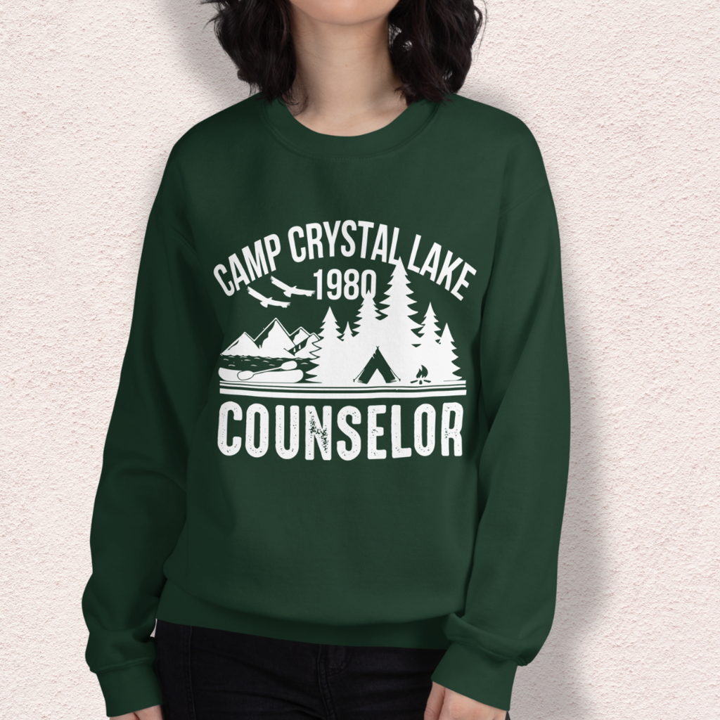 Camp Slasher Counselor Sweatshirt | Gildan Unisex Horror Crewneck (White Ink)