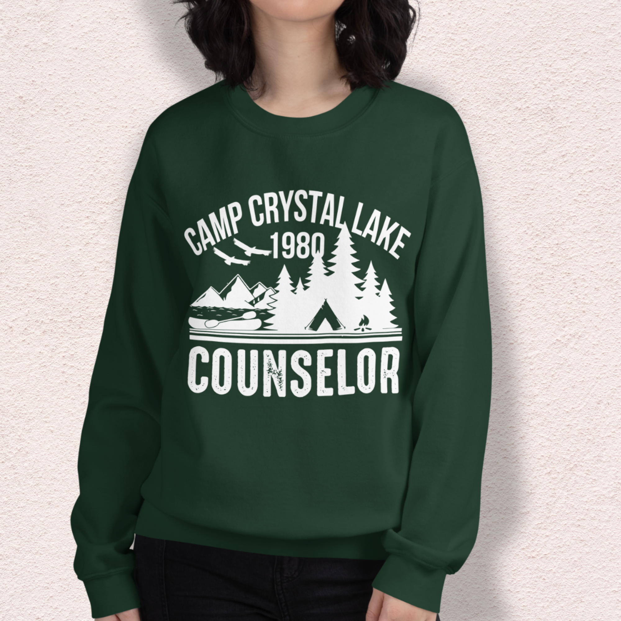Camp Slasher Counselor Sweatshirt | Gildan Unisex Horror Crewneck (White Ink)