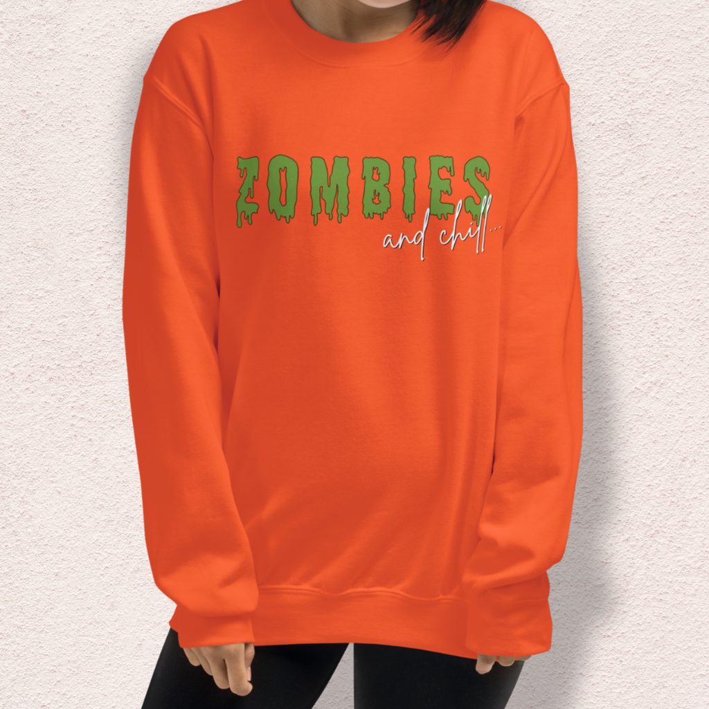 Zombies & Chill Sweatshirt | Horror Movie Crewneck | Gildan Heavy Blend Spooky Zombie Sweatshirt