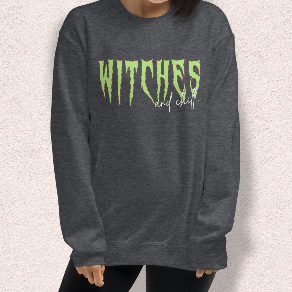 Witches & Chill Sweatshirt | Spooky Witch Aesthetic Crewneck | Gildan Heavy Blend Halloween Sweatshirt