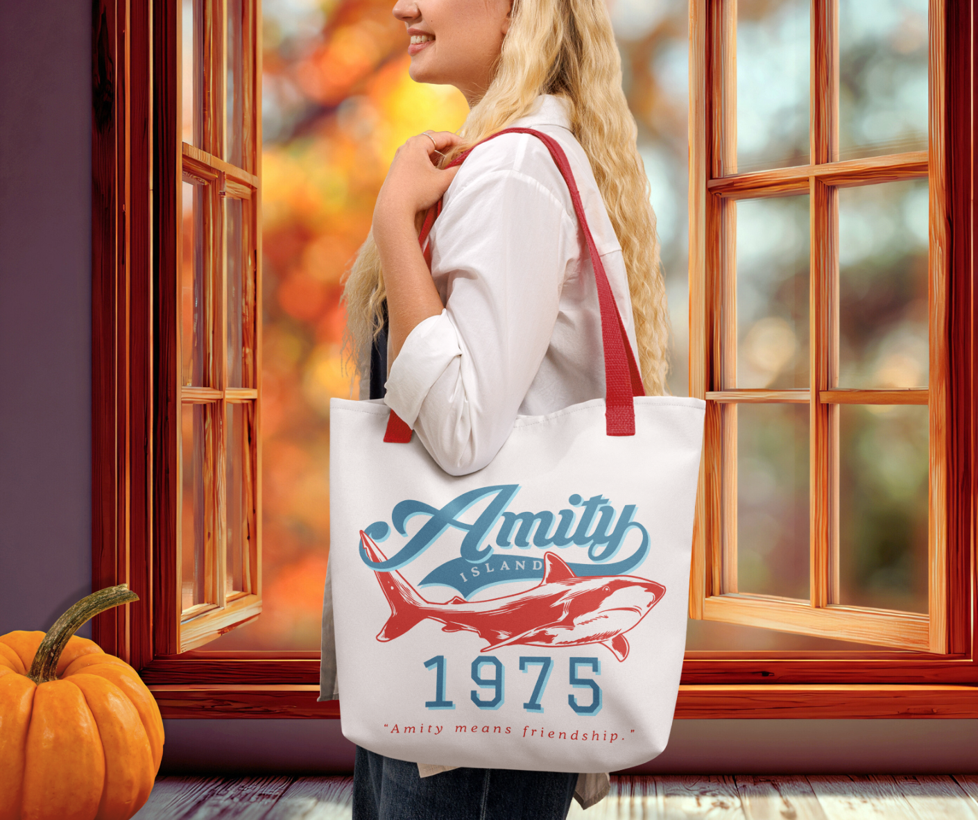 Amity Means Friendship Tote Bag | 15x15 Retro Coastal Horror Market Tote