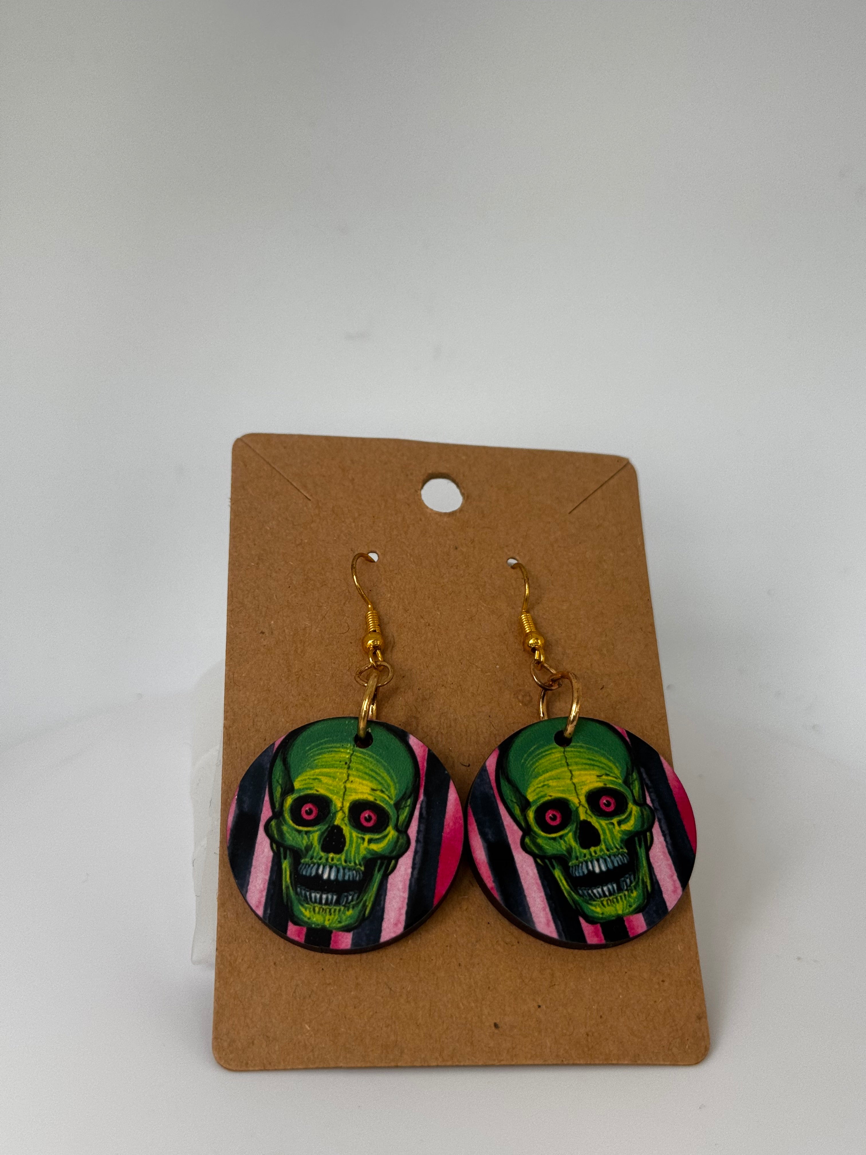 Vintage Green Skull Earrings | Retro Pink & Black Stripe Horror Earrings | Gold Plated Spooky Jewelry
