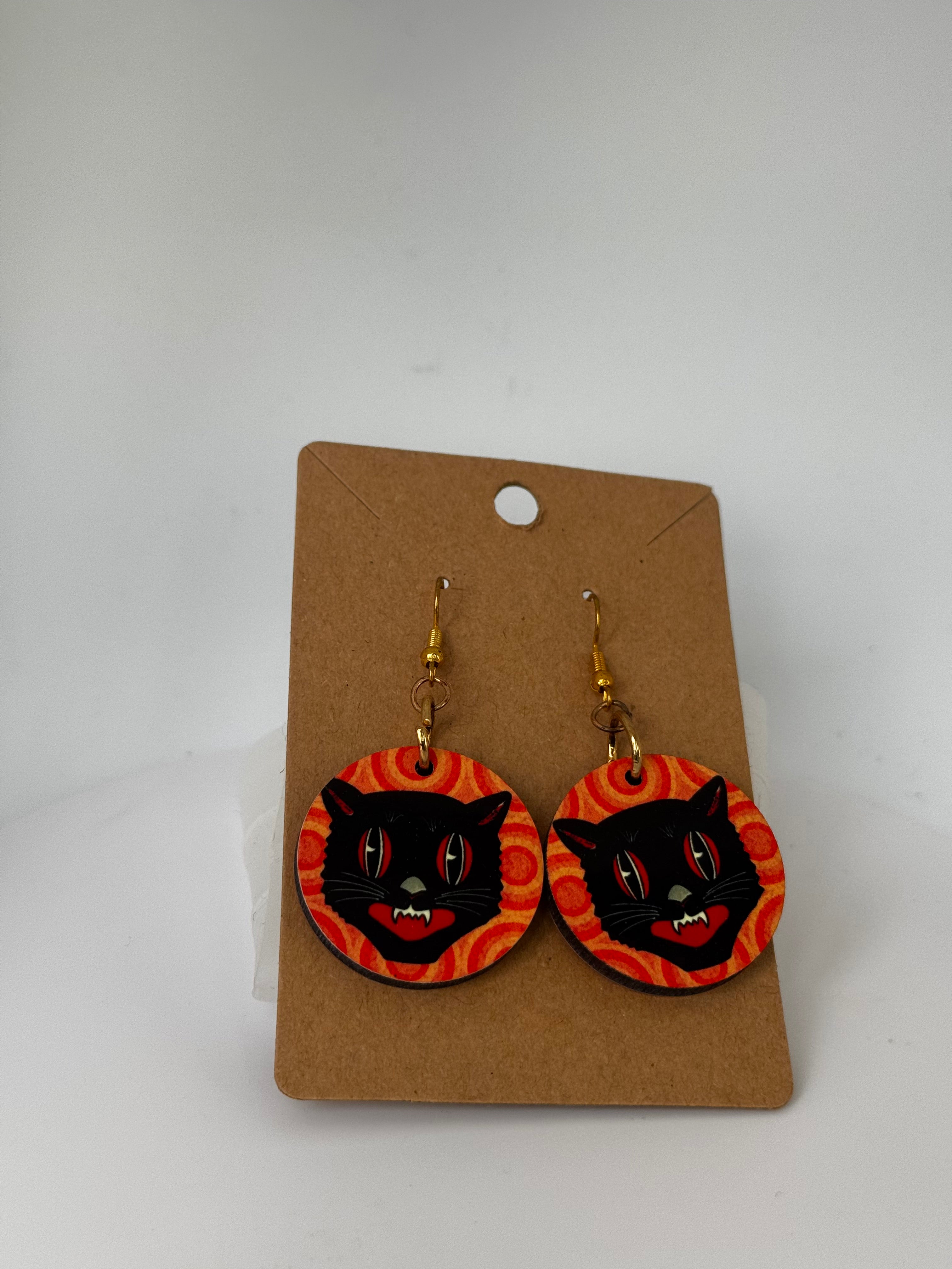 Vintage Halloween Cat Earrings | Retro Black Cat Spooky Earrings | Orange Circle Pattern Horror Jewelry
