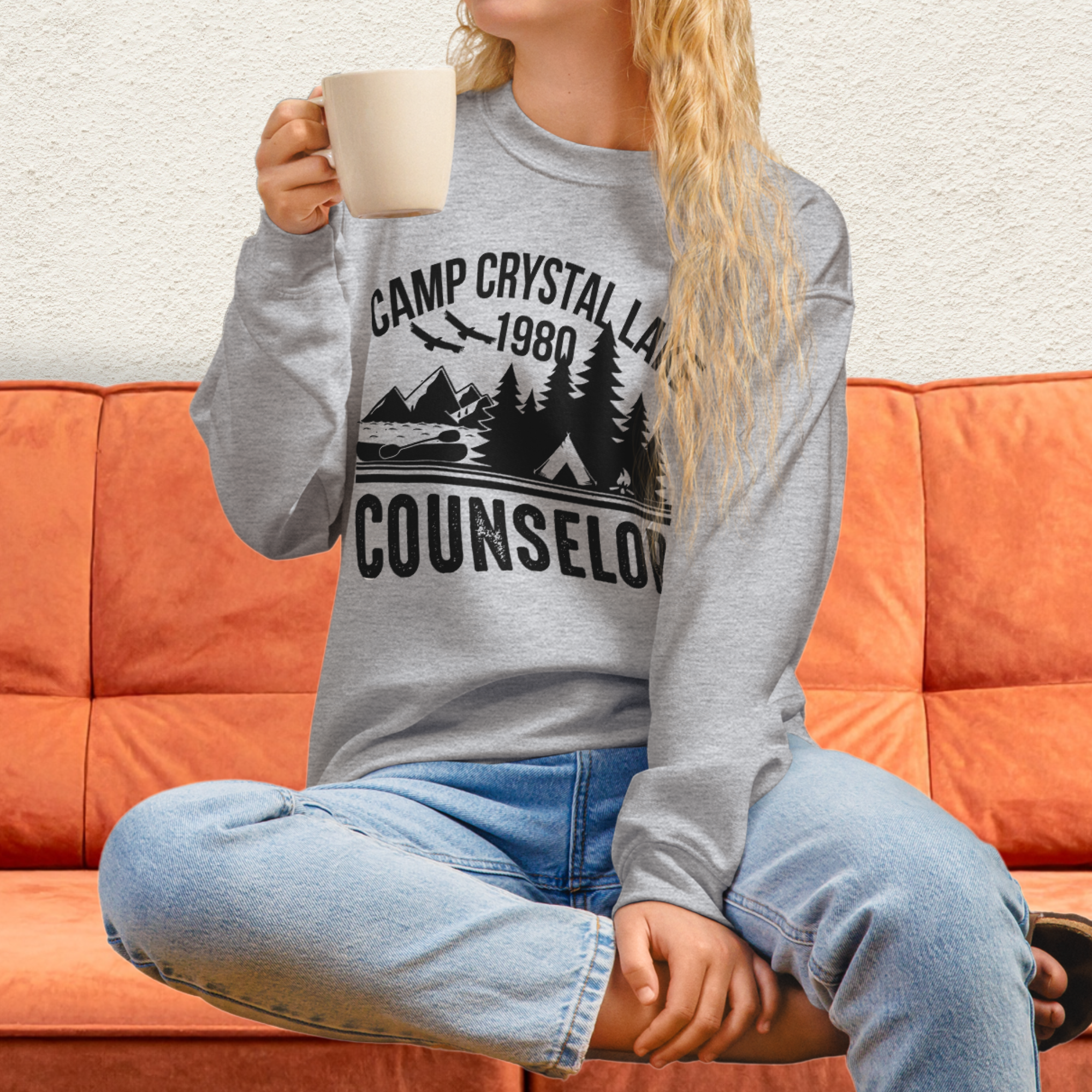 Camp Slasher Counselor Sweatshirt | Gildan Unisex Horror Crewneck (Black Ink)