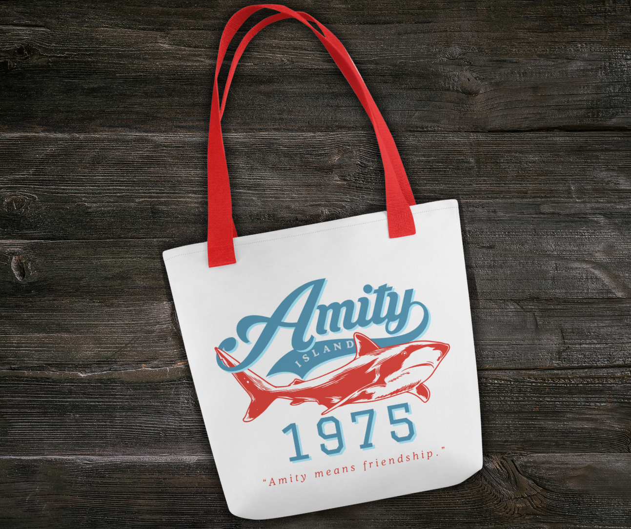 Amity Means Friendship Tote Bag | 15x15 Retro Coastal Horror Market Tote