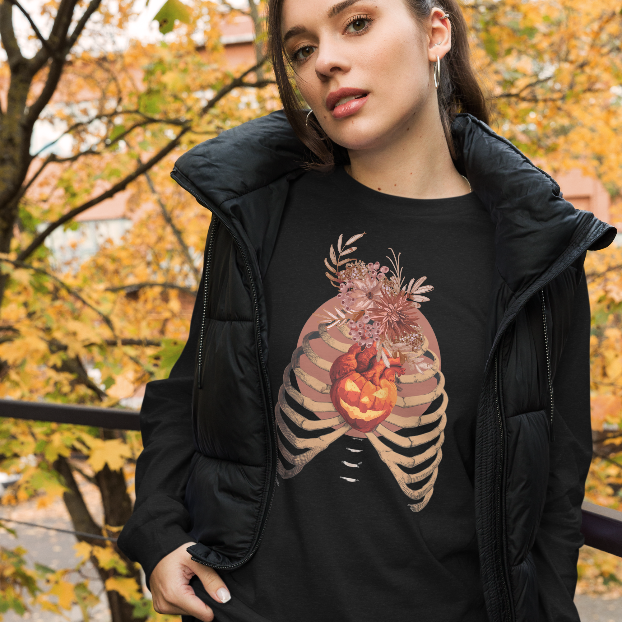 A Fall’s Heart Tee | Skeleton Pumpkin Halloween Shirt | Bella+Canvas Spooky Autumn Graphic Long Sleeve Tee