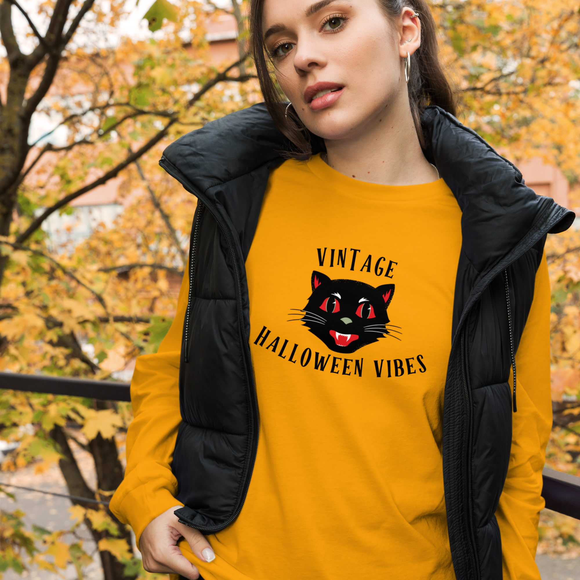 Vintage Halloween Vibes Long Sleeve Tee | Bella+Canvas Unisex Retro Cat Shirt