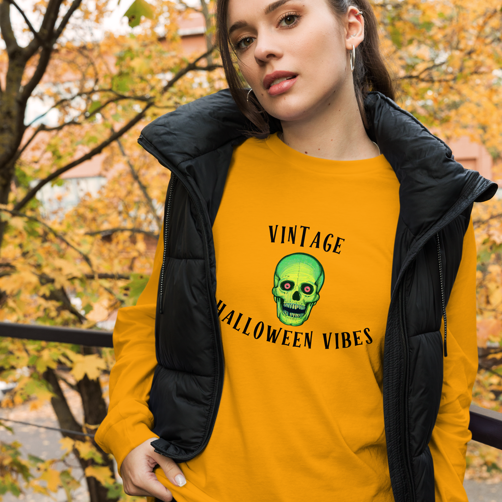 Vintage Halloween Vibes Long Sleeve Tee | Bella+Canvas Retro Green Skull Shirt