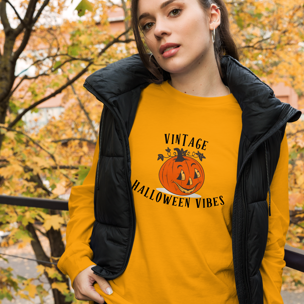 Vintage Halloween Vibes Long Sleeve Tee | Bella+Canvas Retro Jack-O’-Lantern Shirt