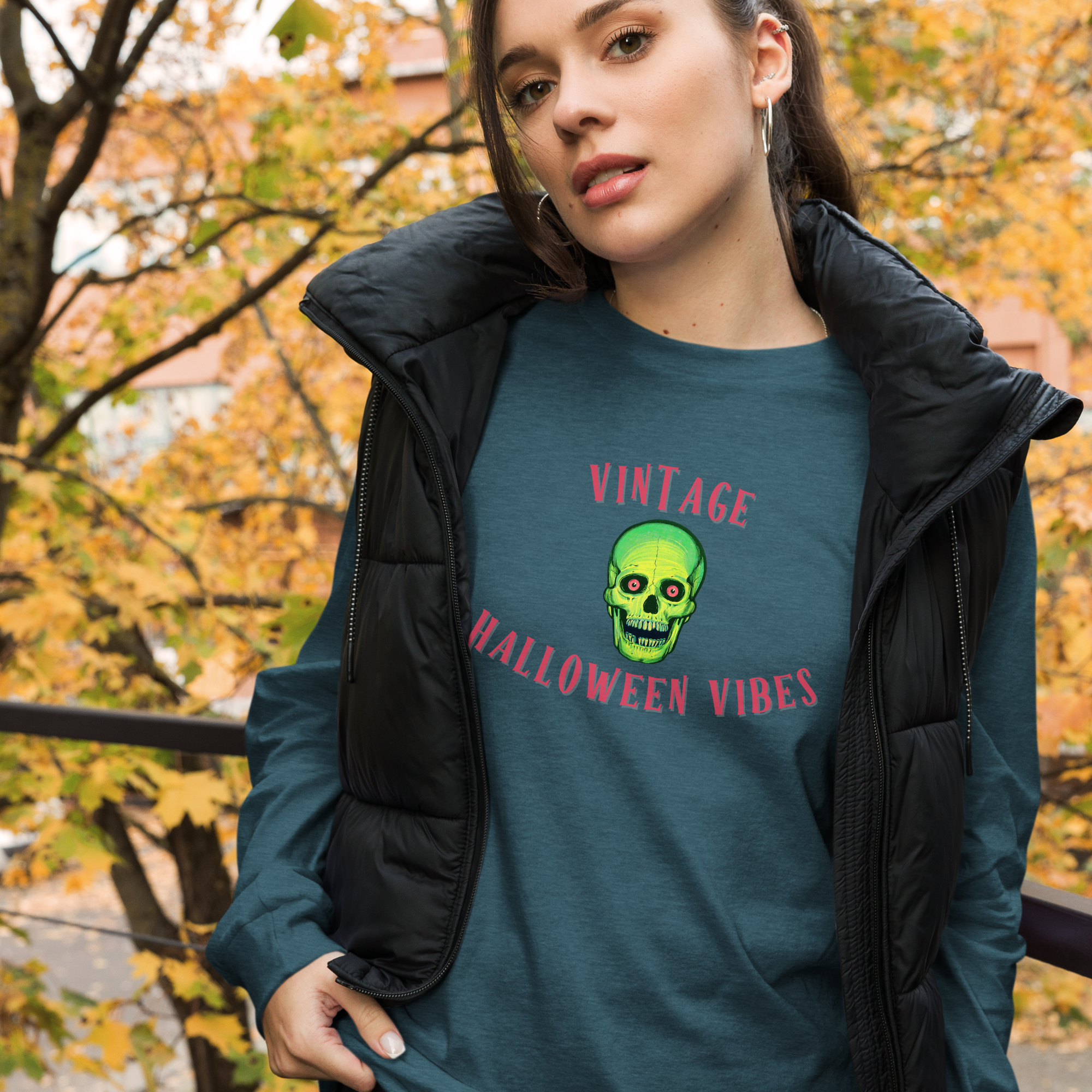 Vintage Halloween Vibes Long Sleeve Tee | Bella+Canvas Unisex Retro Green Skull Shirt | Colorful Graphic
