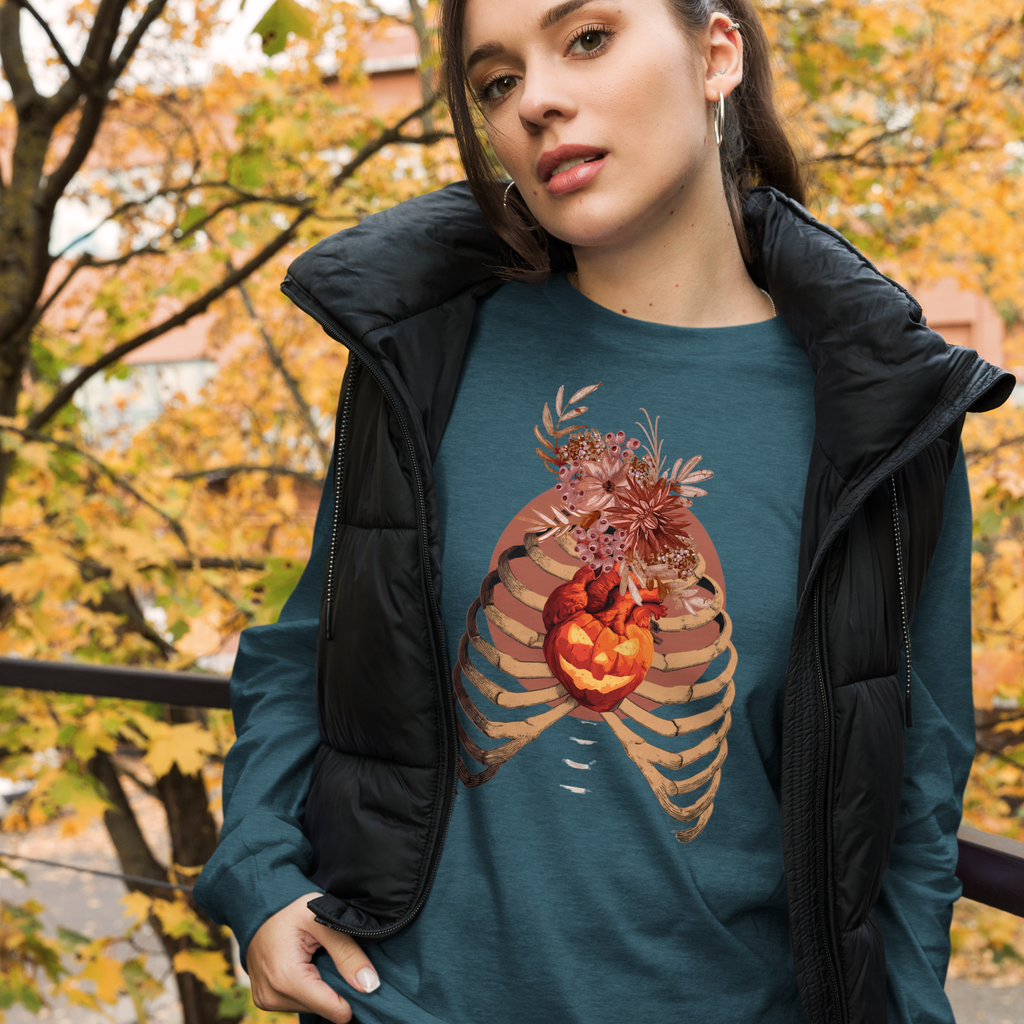 A Fall’s Heart Tee | Skeleton Pumpkin Halloween Shirt | Bella+Canvas Spooky Autumn Graphic Long Sleeve Tee