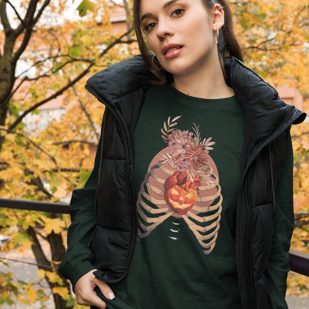 A Fall’s Heart Tee | Skeleton Pumpkin Halloween Shirt | Bella+Canvas Spooky Autumn Graphic Long Sleeve Tee