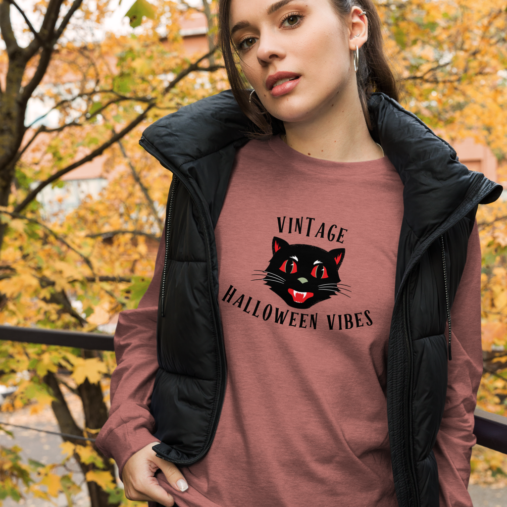 Vintage Halloween Vibes Long Sleeve Tee | Bella+Canvas Unisex Retro Cat Shirt