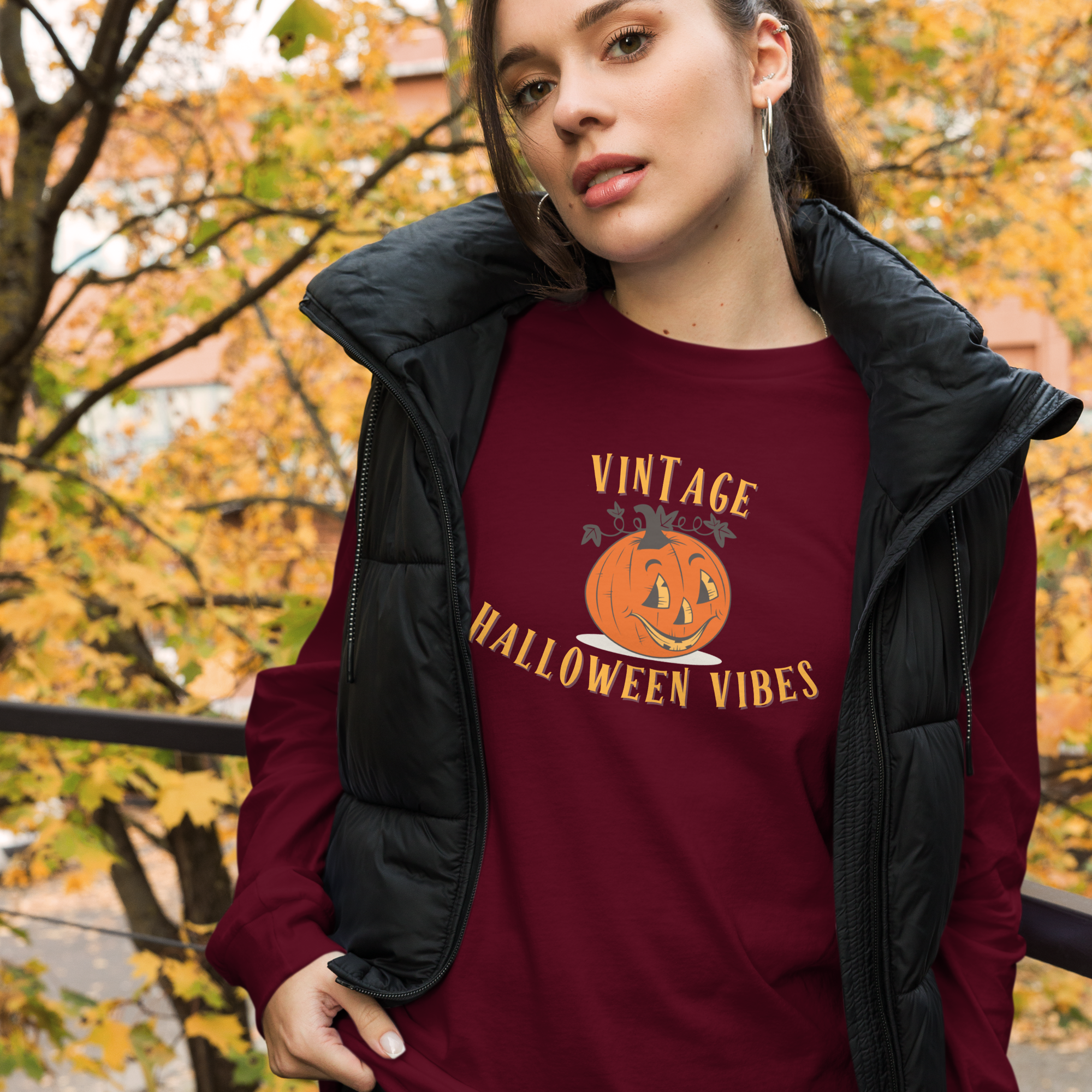Vintage Halloween Vibes Long Sleeve Tee | Bella+Canvas Unisex Retro Jack-O-Lantern Shirt | Colorful Graphic