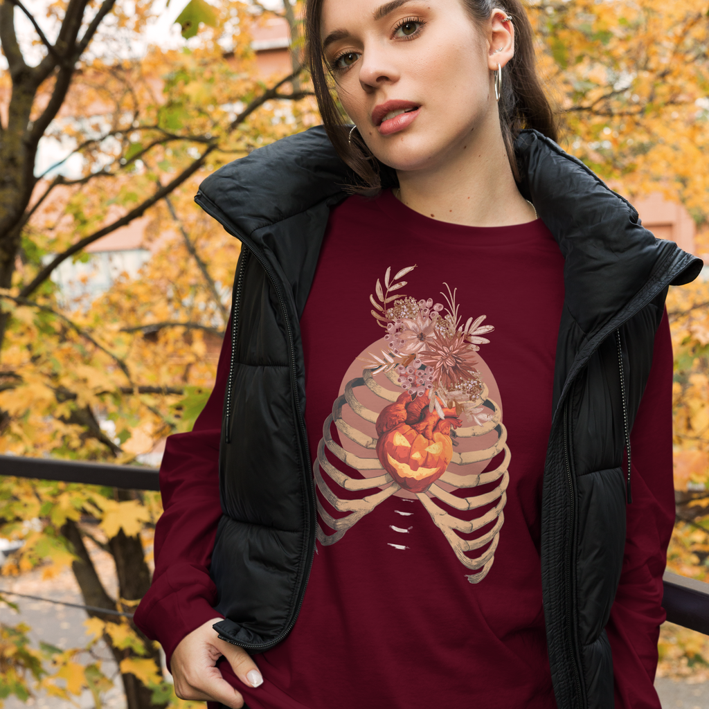 A Fall’s Heart Tee | Skeleton Pumpkin Halloween Shirt | Bella+Canvas Spooky Autumn Graphic Long Sleeve Tee