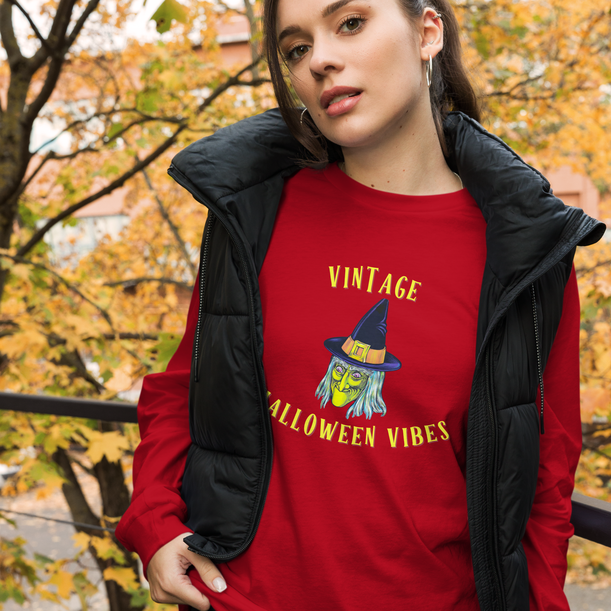 Vintage Halloween Vibes Long Sleeve Tee | Bella+Canvas Unisex Retro Witch Shirt | Color Graphic
