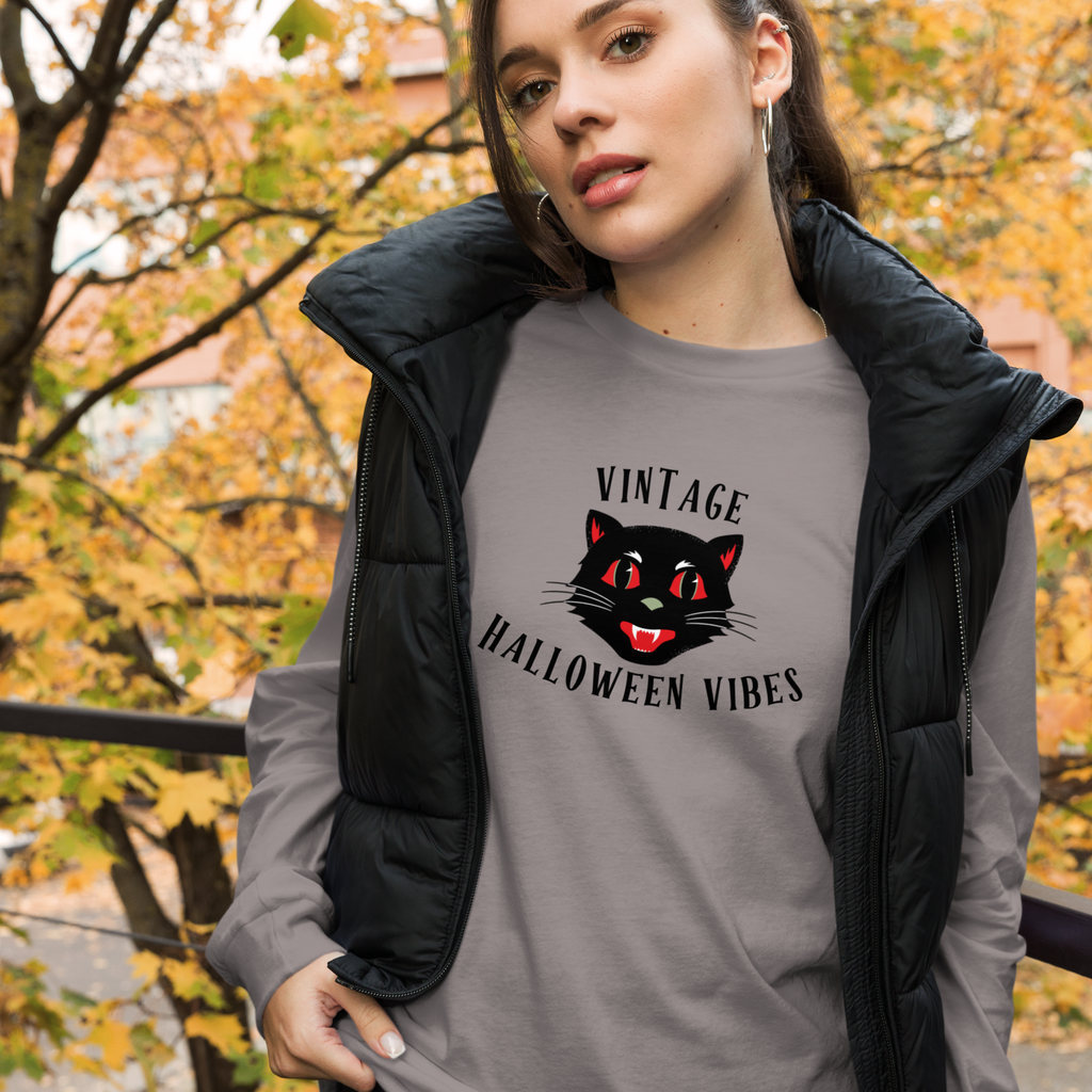 Vintage Halloween Vibes Long Sleeve Tee | Bella+Canvas Unisex Retro Cat Shirt