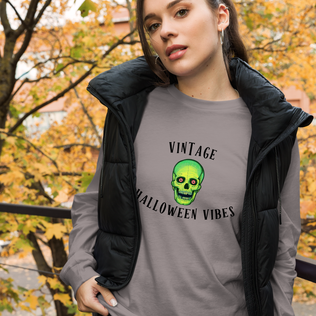 Vintage Halloween Vibes Long Sleeve Tee | Bella+Canvas Retro Green Skull Shirt