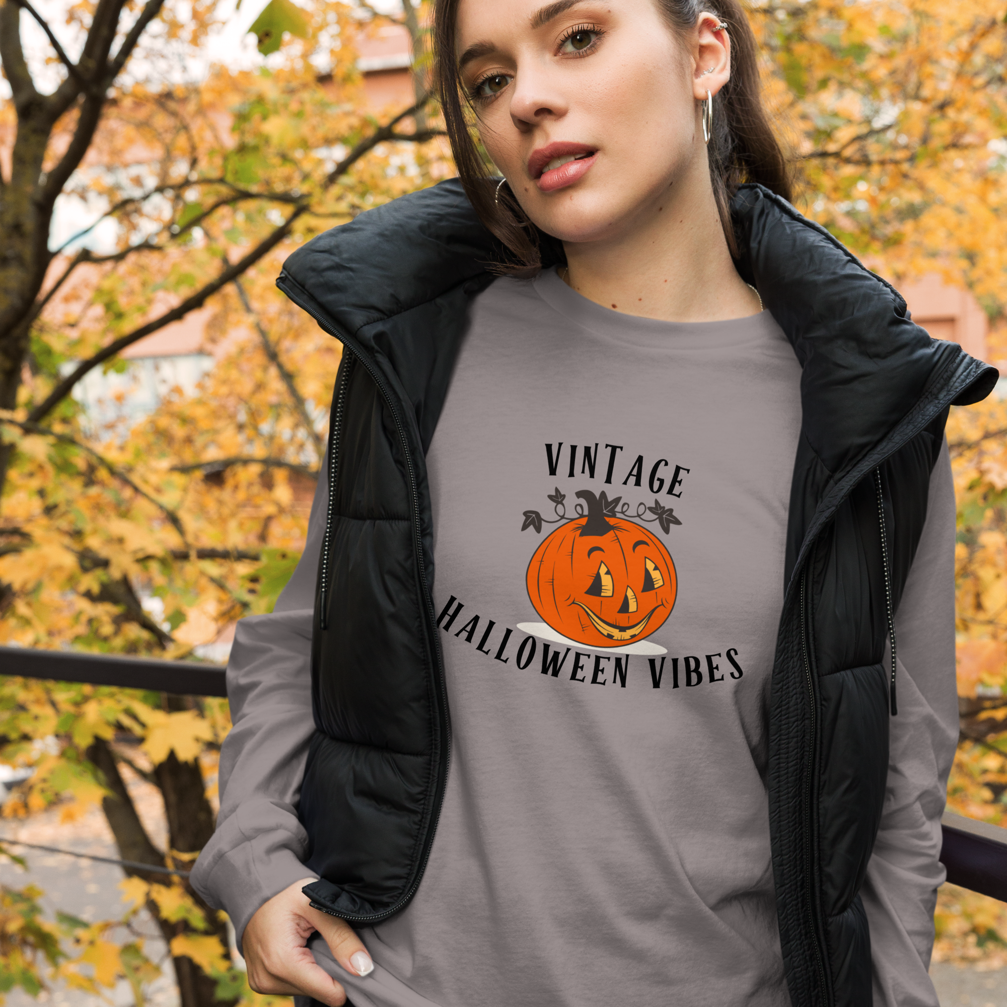 Vintage Halloween Vibes Long Sleeve Tee | Bella+Canvas Retro Jack-O’-Lantern Shirt