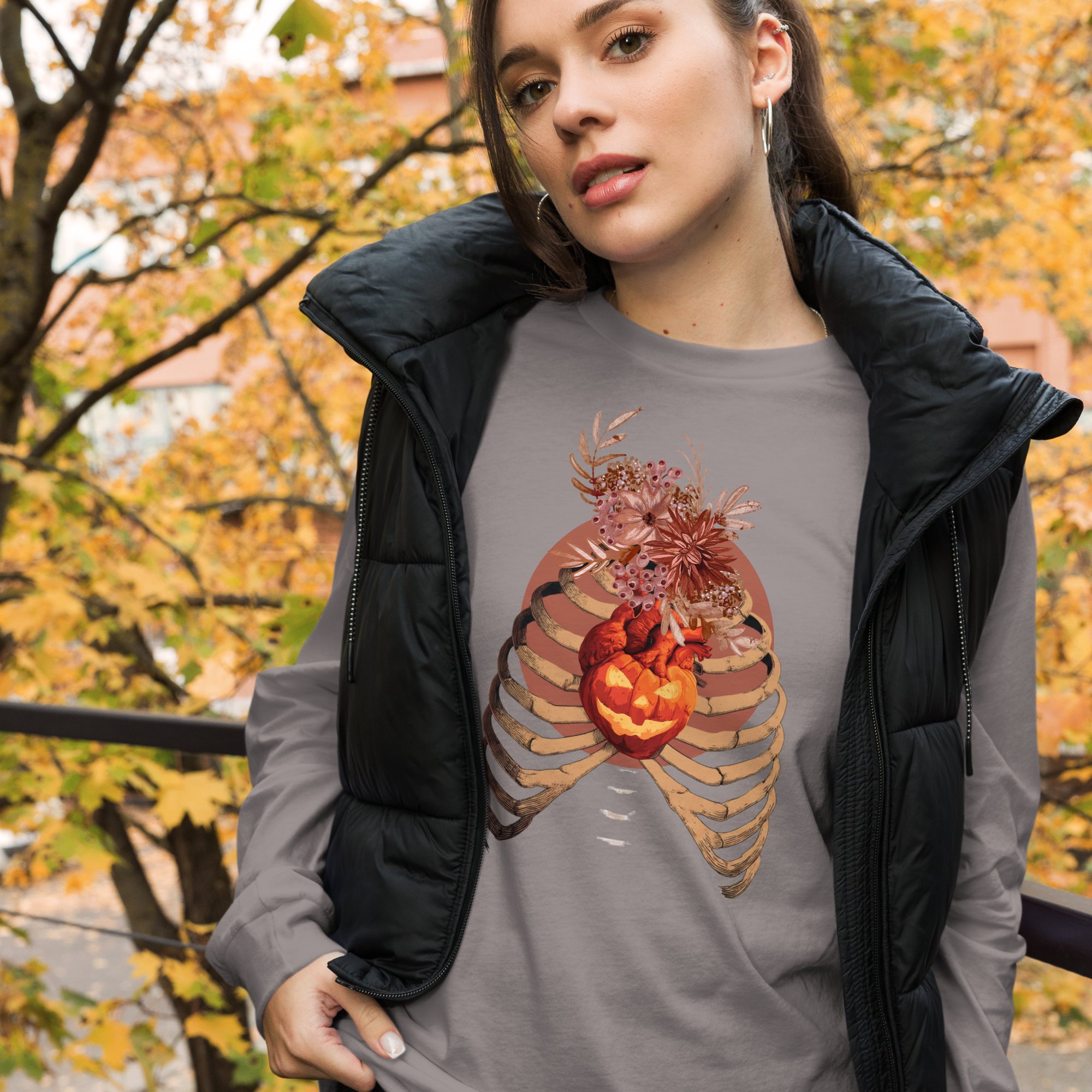 A Fall’s Heart Tee | Skeleton Pumpkin Halloween Shirt | Bella+Canvas Spooky Autumn Graphic Long Sleeve Tee