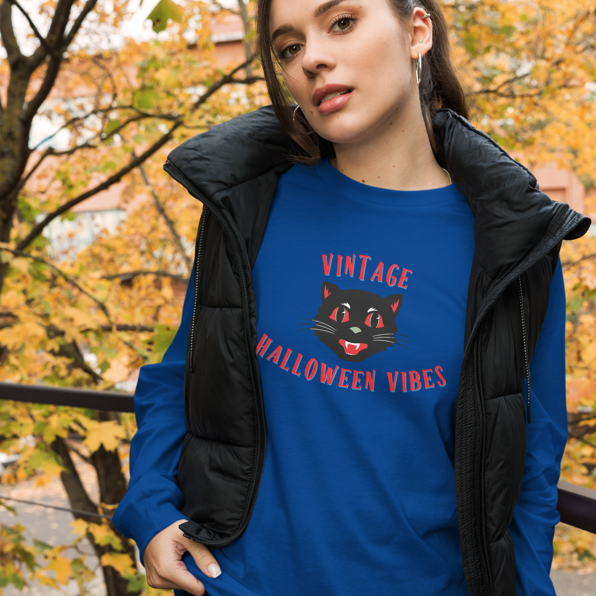 Vintage Halloween Vibes Long Sleeve Tee | Bella+Canvas Unisex Retro Halloween Cat Shirt | Colorful. Graphic