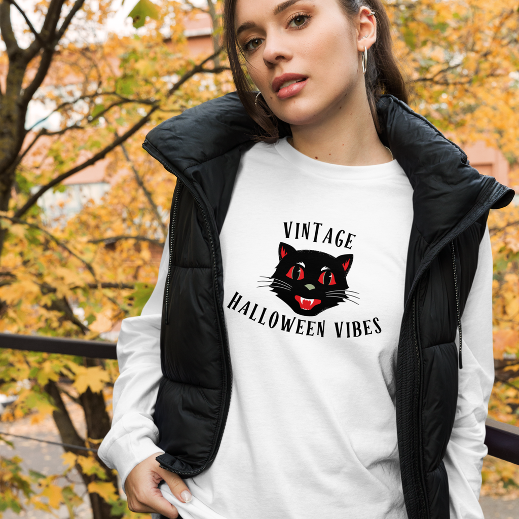 Vintage Halloween Vibes Long Sleeve Tee | Bella+Canvas Unisex Retro Cat Shirt