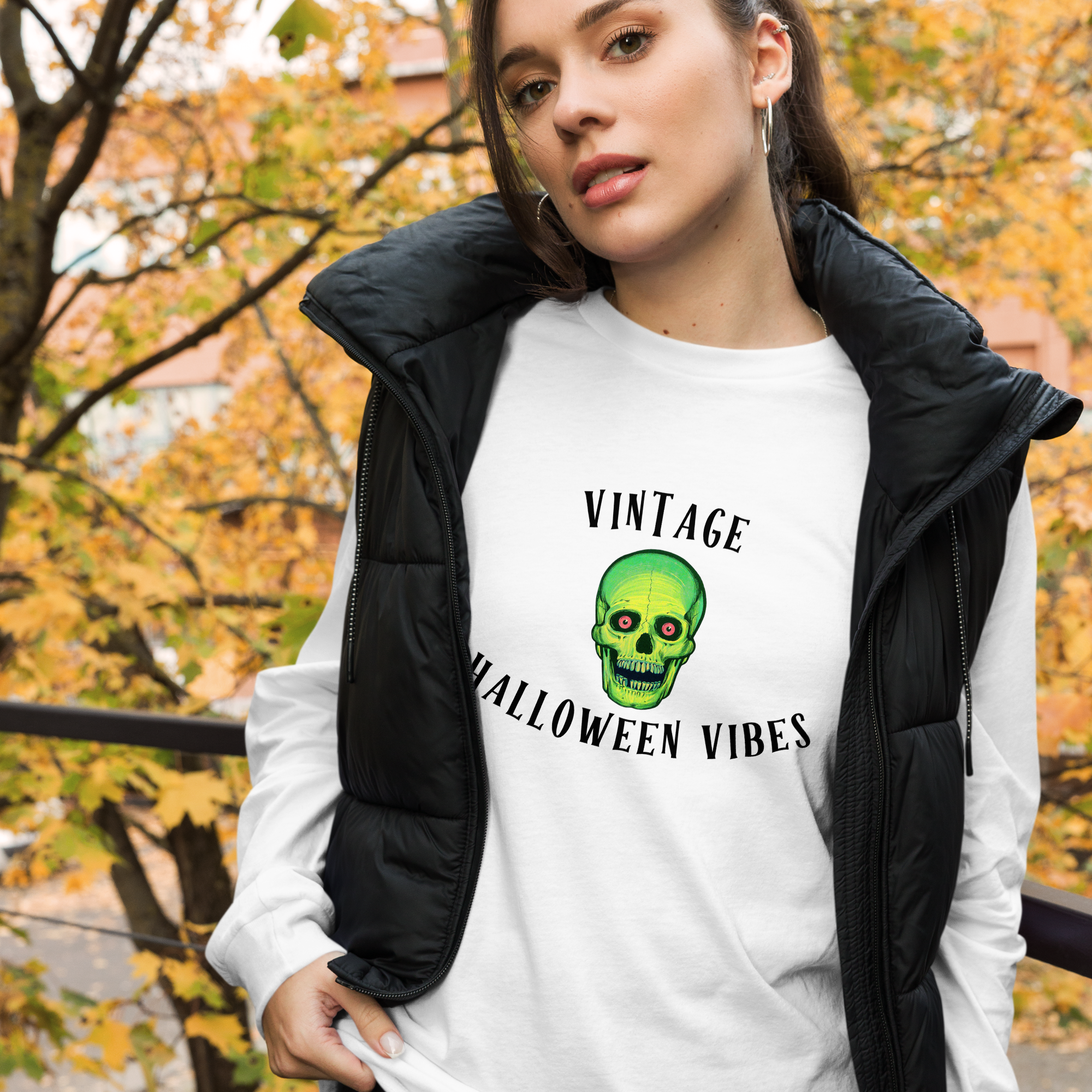 Vintage Halloween Vibes Long Sleeve Tee | Bella+Canvas Retro Green Skull Shirt