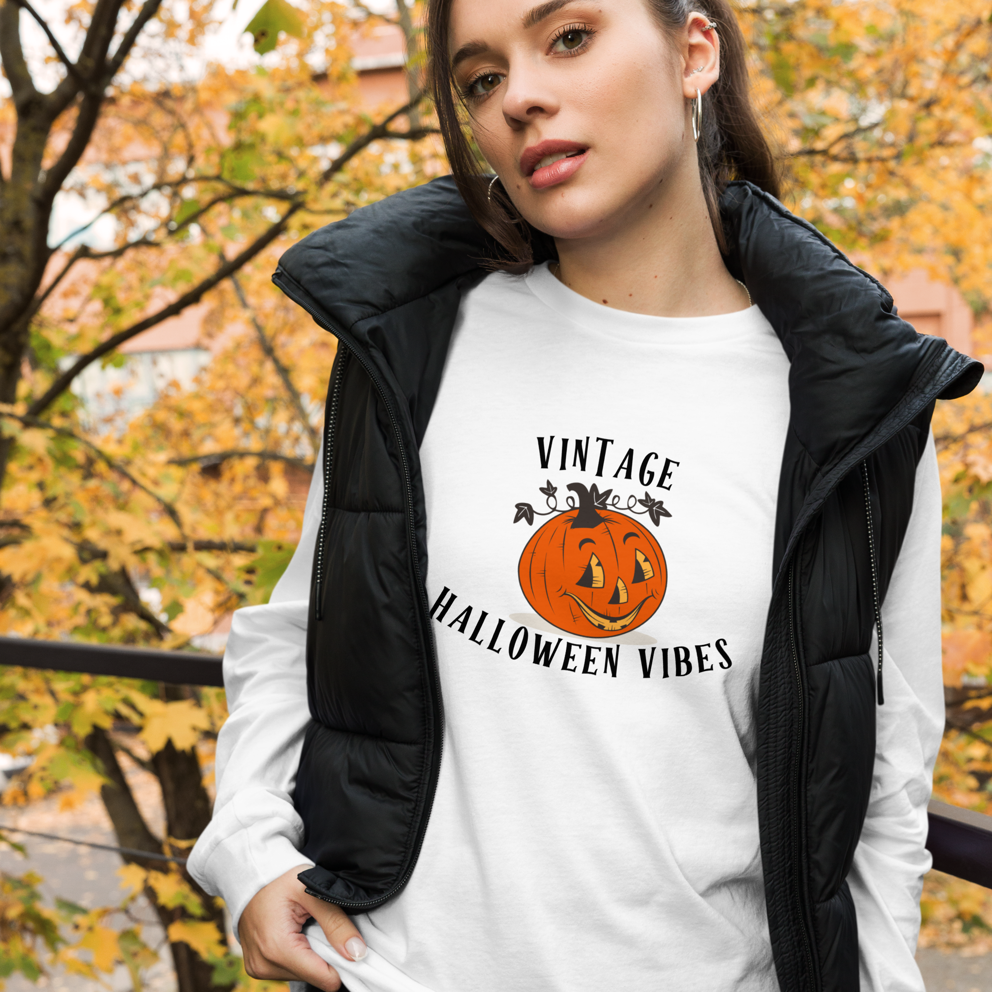 Vintage Halloween Vibes Long Sleeve Tee | Bella+Canvas Retro Jack-O’-Lantern Shirt